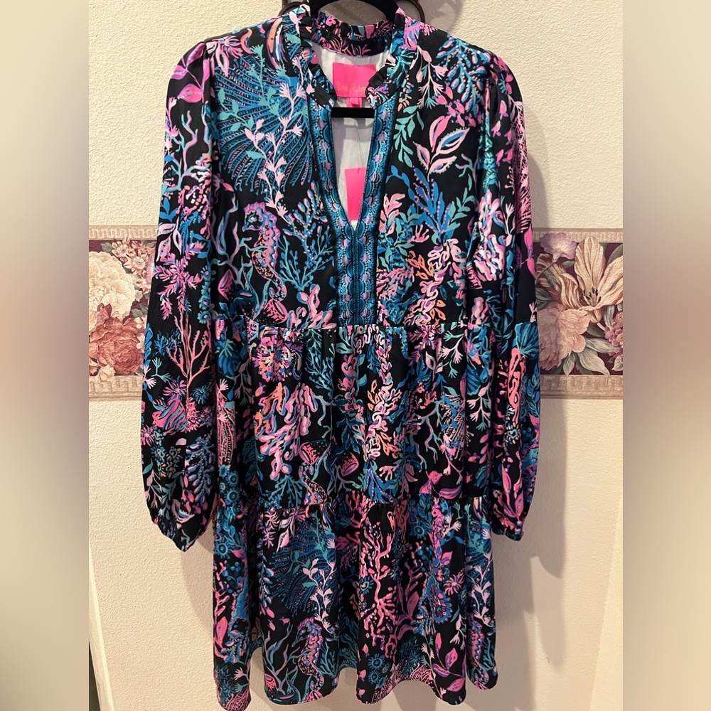 Lilly Pulitzer NWT Size Large Arella Dress Onyx Twilight Coral Engineered